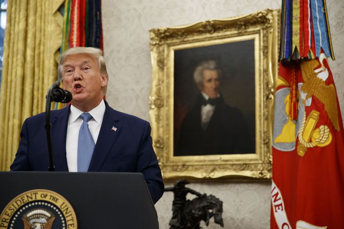 President Donald Trump speaks during a ceremony to present the Presidential Medal of Freedom to former Attorney General Edwin Meese, in the Oval Office of the White House, Tuesday, Oct. 8, 2019, in Washington. (AP Photo/Alex Brandon)