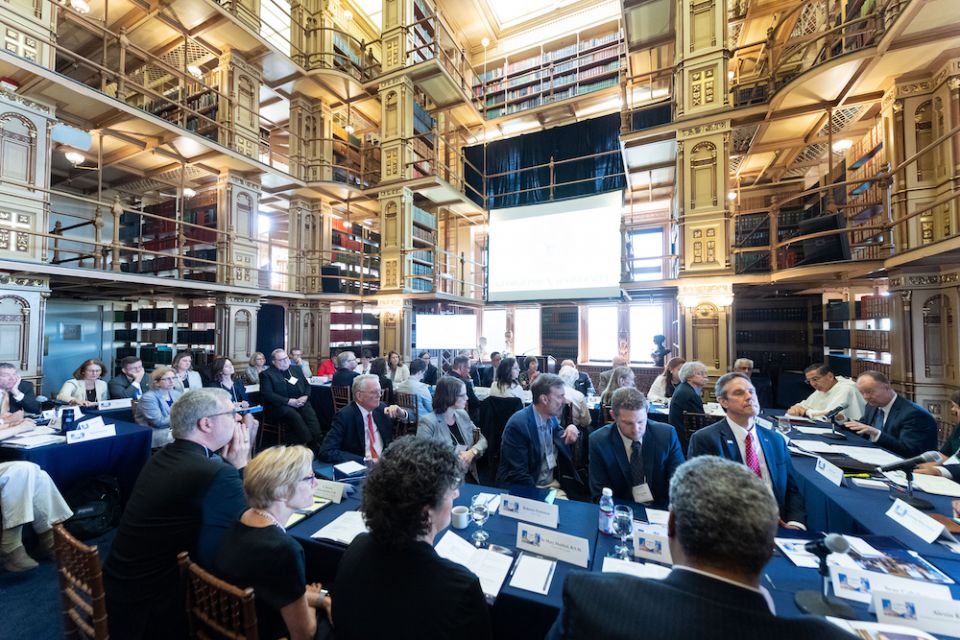 Catholic leaders gather in Riggs Library at Georgetown University for the opening session of the June 14-15 national convening on lay leadership for a wounded church. (Courtesy of Georgetown University)
