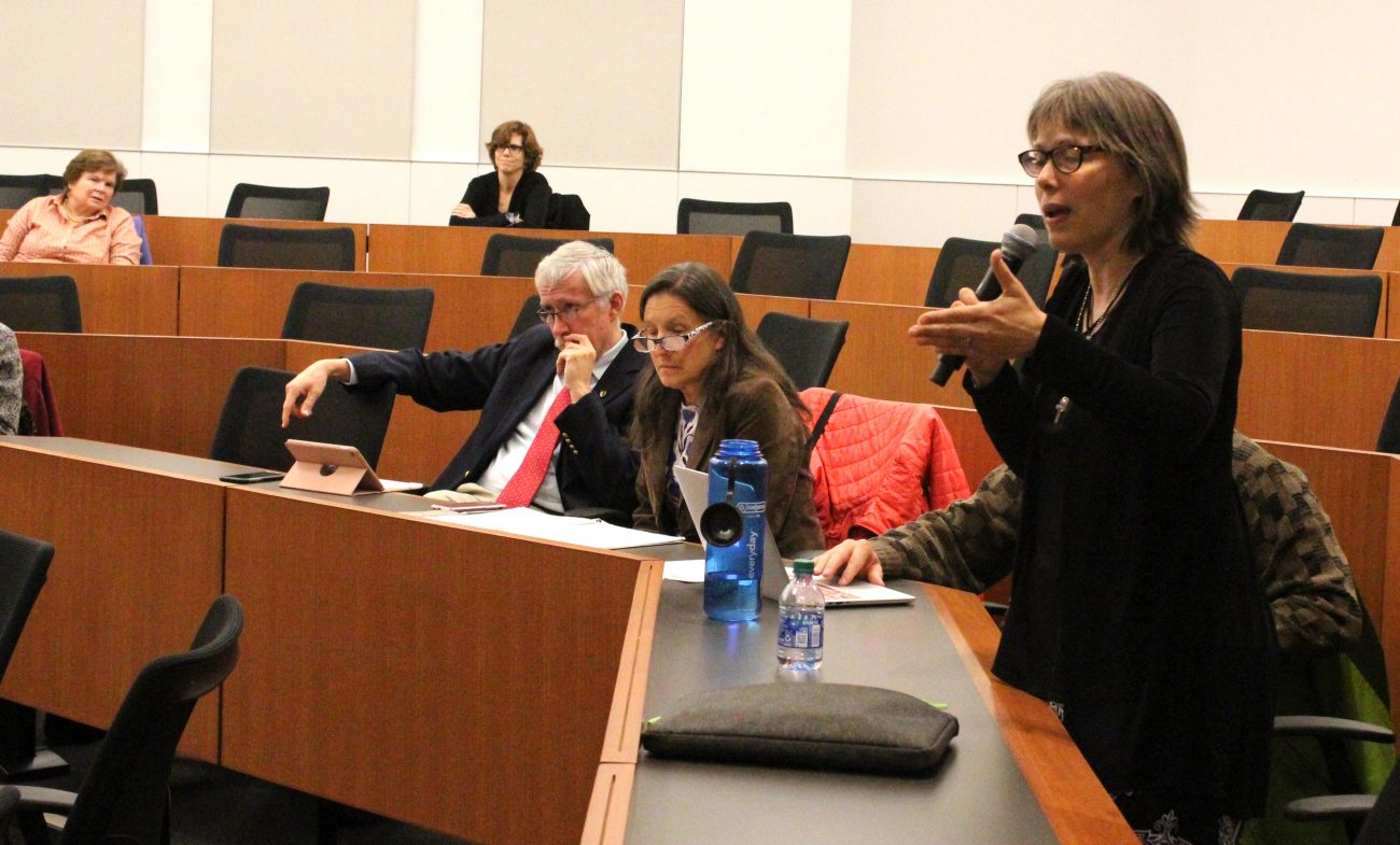 Conference participant Dawn Eden Goldstein asks a question during Father Richard Lennan’s session Nov. 1 at Villanova University. (Photo by Matthew Gambino)