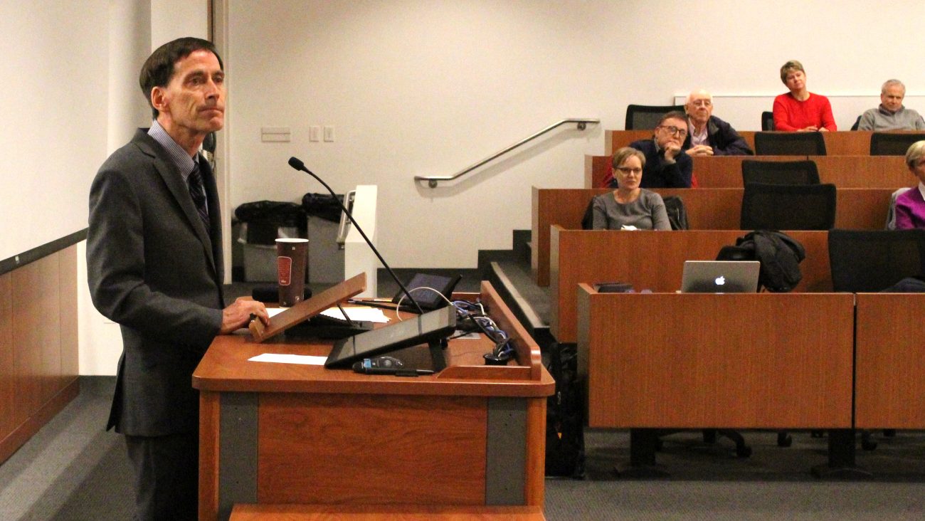 Father Richard Lennan, a professor of theology at Boston College, listens during a question and answer session to a participant in the first of four conferences at Villanova University Nov. 1 on the theological perspectives of the clergy sexual abuse crisis. (Photo by Matthew Gambino)