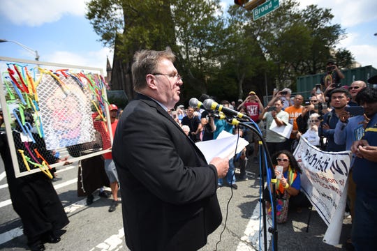 Cardinal Joseph Tobin, leader of Newark Archdiocese speaks during the rally to protest separation of immigrant families, in the middle of Broad and Court Streets in Newark on 09/04/19. (Photo: Mitsu Yasukawa/ Northjersey.com)