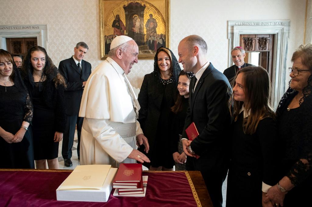 Pope Francis and Maltese Prime Minister Joseph Muscat meet at the Vatican, despite calls from academics for the pontiff to cancel the event Photo: VATICAN MEDIA / Handout