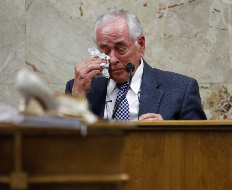 Dale Tacheny wipes away a tear while testifying in John Feit’s murder trial. (Nathan Lambrecht/The Monitor/Pool via AP)