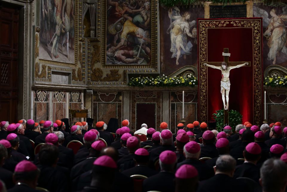 Pope Francis and prelates from around the world attend a penitential liturgy during a meeting on the protection of minors in the church at the Vatican in this Feb. 23 file photo. (CNS pool/Evandro Inetti)