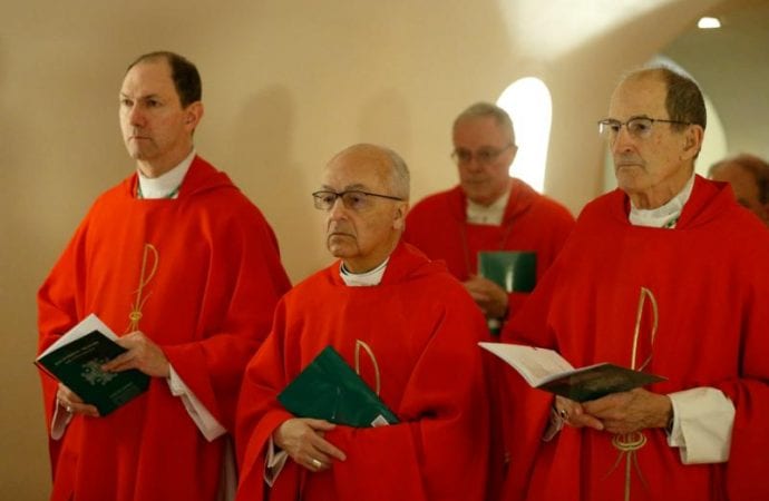 Bishop John T. Folda of Fargo, N.D., Bishop David D. Kagan of Bismarck, N.D., and Bishop John M. LeVoir of New Ulm, Minn., and other U.S. bishops from North Dakota, Minnesota and South Dakota concelebrate Mass in the crypt of St. Peter's Basilica at the Vatican Jan. 13, 2020. The bishops were making their "ad limina" visits to the Vatican to report on the status of their dioceses to the pope and Vatican officials. (Credit: Paul Haring/CNS.)