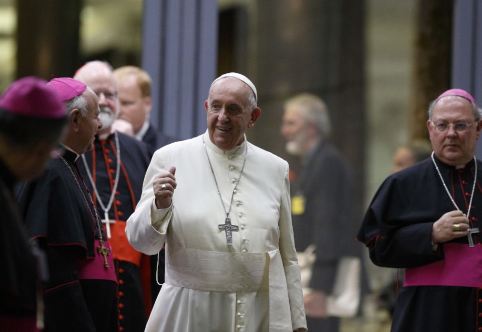 Pope Francis leaves the final session of the Synod of Bishops for the Amazon at the Vatican Oct. 26, 2019. (CNS/Paul Haring)