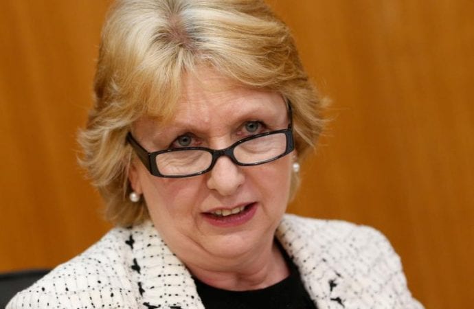 Mary McAleese, president of Ireland from 1997 to 2011, speaks at a conference in Rome March 5, 2015. McAleese has written Pope Francis threatening to leave the Catholic Church over the Vatican's handling of the Jean Vanier case. (Credit: Paul Haring/CNS.)
