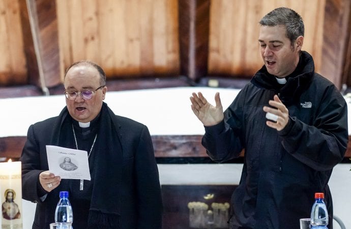 Archbishop Charles Scicluna, left, and Spanish Monsignor Jordi Bertomeu attend a meeting with the Catholic community at the Sacred Heart of Jesus church in Osorno, Chile, in this Saturday, June 16, 2018 file photo. (Credit: Fernando Lavoz/AP.)