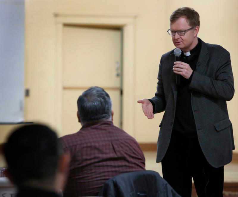 Jesuit Father Hans Zollner, a leading Vatican official dealing with clergy sexual abuse in the church, speaks about "The Present Status of Safeguarding in the Church" at St. Gall Church in Chicago March 2, 2020. (CNS photo/Karen Callaway, Chicago Catholic)