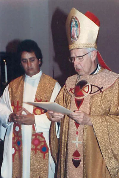 The Rev. Jose Antonio Pinal, left, with Bishop Francis Quinn of Sacramento, who aided Pinal in continuing his ministry in Mexico after Pinal was accused of sexual abuse. (Courtesy of Law Offices of Joseph C. George)