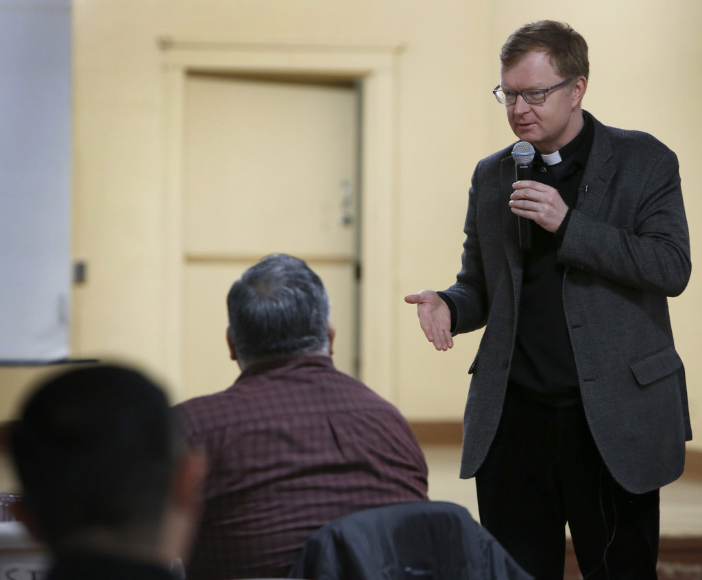 Jesuit Father Hans Zollner, a leading Vatican official dealing with clergy sexual abuse in the church, speaks about the crisis to an audience Jan. 29, 2020, at Villanova University in Pennsylvania. (Credit: Sarah Webb, CatholicPhilly.com via CNS)