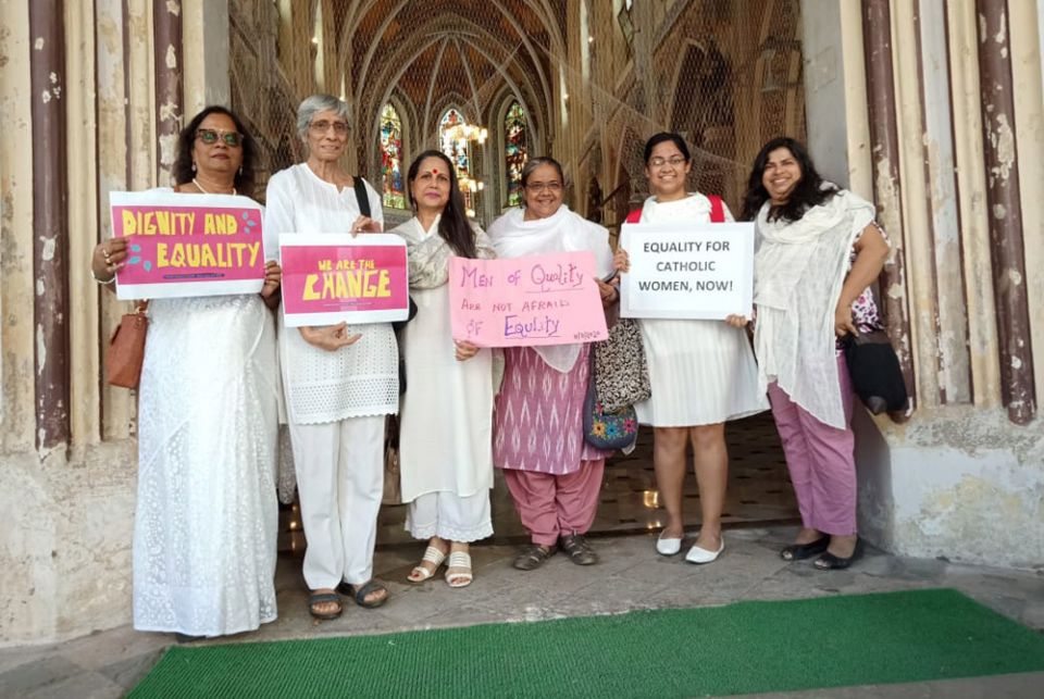 Several of the signatories of the petition to Mumbai Cardinal Oswald Gracias stand together outside Mumbai's Holy Name Cathedral March 8. The author of the commentary is third from the left. Virginia Saldanha is second from the left. (Photo courtesy of Astrid Lobo Gajiwala/Catholic Women's Council)