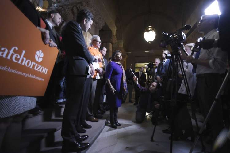 Senate Majority Leader Andrea Stewart-Cousins speaks at a press conference at the Capitol to mark the one-year anniversary of the passage of the Child Victims Act on Tuesday, Jan. 28, 2020, in Albany, N.Y. (Paul Buckowski/Times Union)