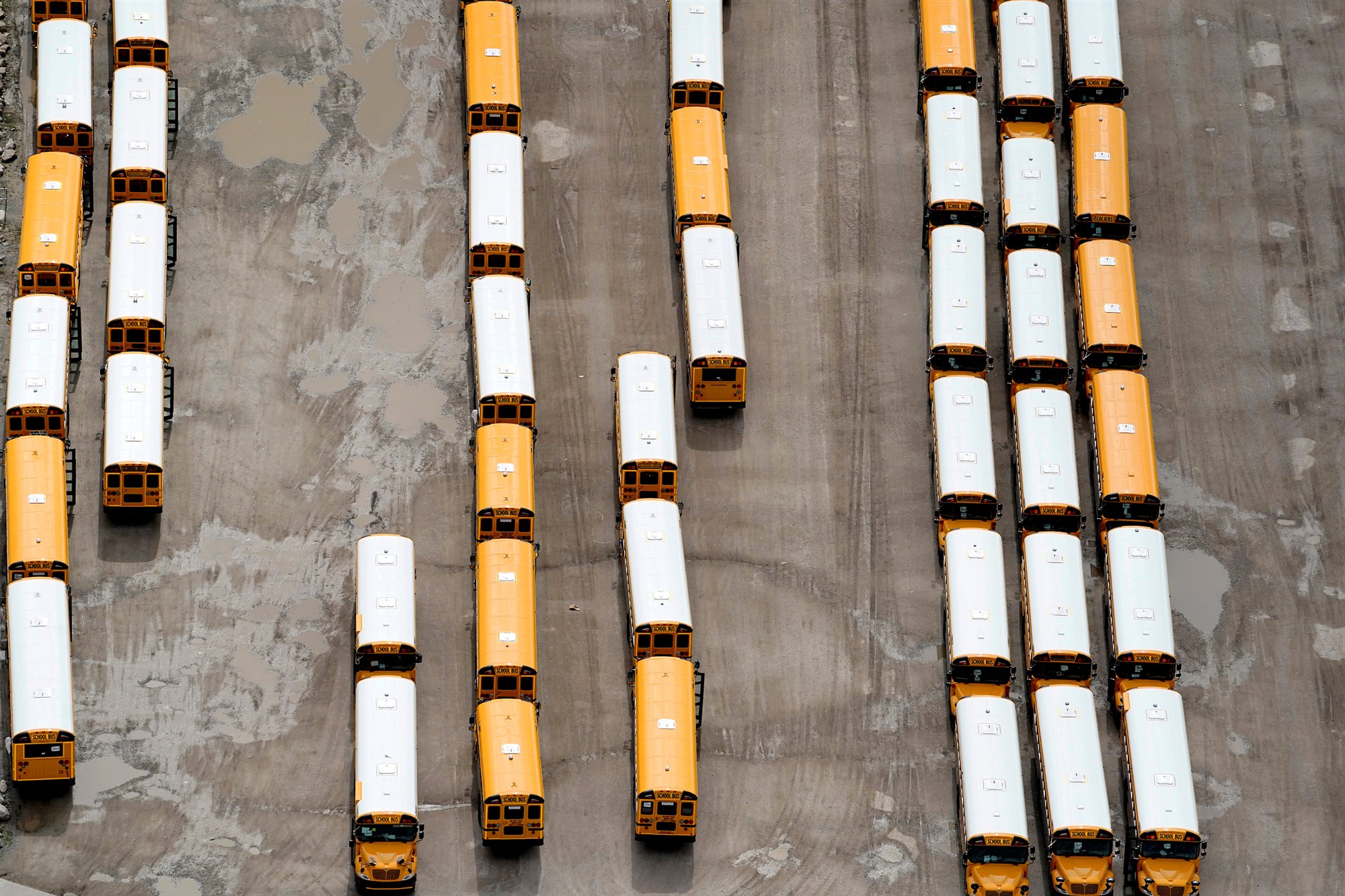 School buses wait to be shipped at the IC of Oklahoma Tulsa Bus Plant in Tulsa, Okla., on March 23, 2020.Nick Oxford / Reuters file