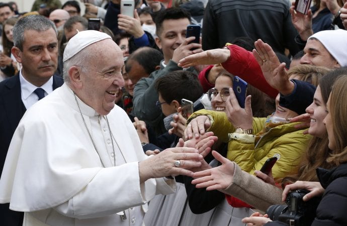 Pope Francis greets the crowd during his general audience in St. Peter's Square at the Vatican Feb. 26, 2020. (Credit: CNS)