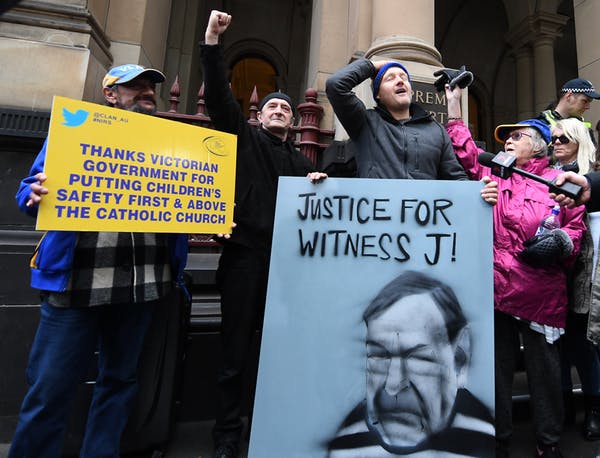 Supporters of abuse victims outside the Victoria Supreme Court building in August. Today’s decision was handed down in a near-empty High Court building. Julian Smith/AAP