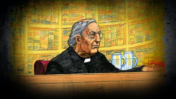 A court sketch of Cardinal George Pell at the Supreme Court of Victoria last year. Jeff Hayes/AAP