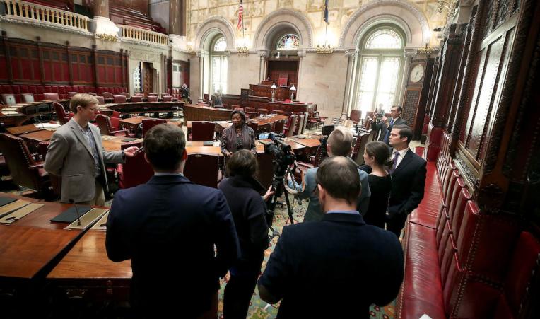 Senate Majority Leader Andrea Stewart-Cousins speaks to the press following session on March 18th. | NY Senate Media Services