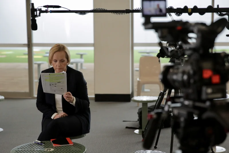 Sarah Ferguson preparing to interview convicted paedophile Bernard McGrath in prison for the Revelation series.