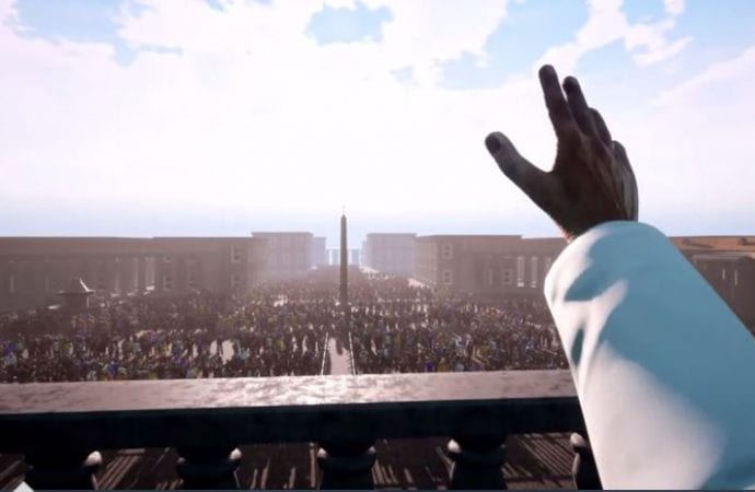A screen capture from a trailer for the new computer game "Pope Simulator." (Credit: Ultimate Games.)