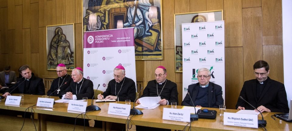 Polish bishops attend a news conference to release the church's first clerical sex abuse report March 14, 2019. In zucchettos, from left, are Bishop Artur Mizinski, secretary-general of the Polish bishops' conference; Archbishops Marek Jedraszewski of Krakow; Stanislaw Gadecki, bishops' conference president; and Wojciech Polak of Gniezno. (CNS/Reuters/Adam Stepien, Agencja Gazeta)