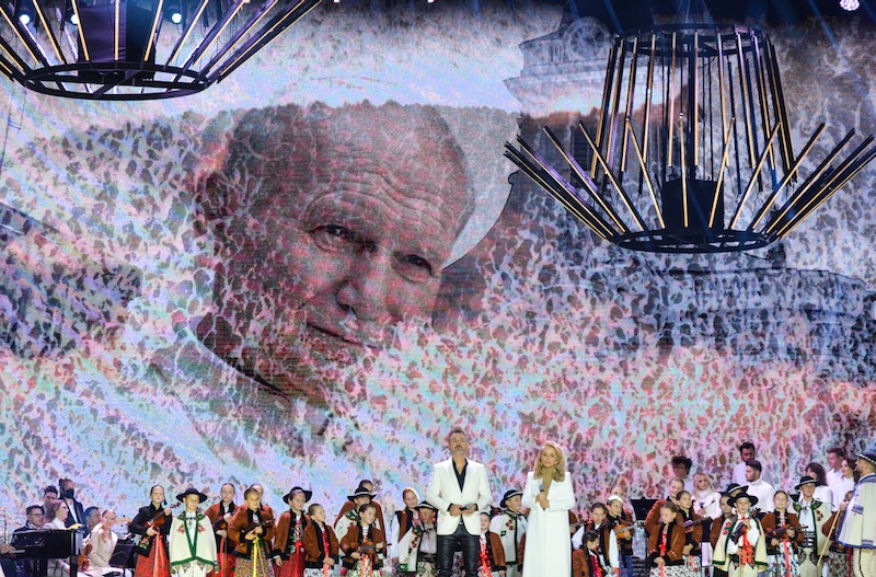 Polish singers Anna Jurksztowicz and Mateusz Ziolko perform during the thanksgiving concert for the pontificate of John Paul II in October