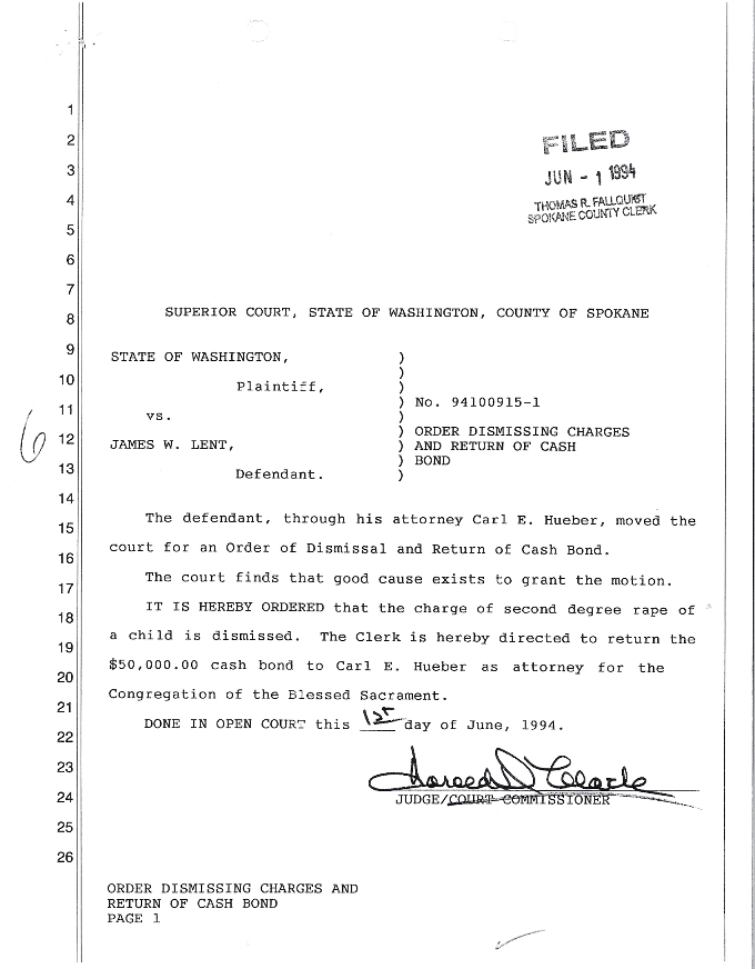 Order of Dismissal page 1 State of Washington County of Spokane ss