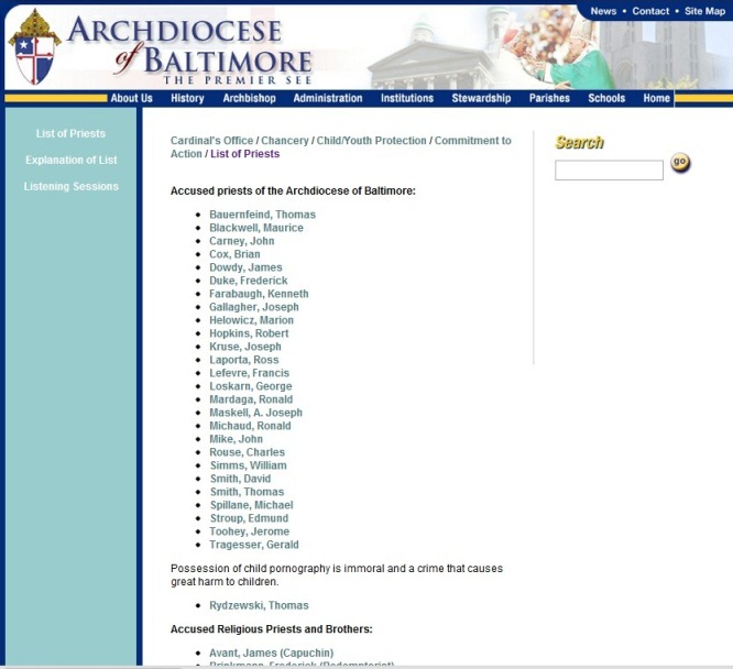 Baltimore archdiocesan website, screenshot of List of Priests