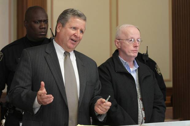Lawyer Kevin Bristow asks for bail and an extra day to surrender Barry Meehan's passport during Meehan's arraignment in Superior Court, Providence, on Friday.