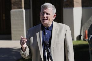 TIM JEAN/Staff photo Explaining the lawsuit against the Archdiocese of Boston is Robert Hoatson, president of Road to Recovery, Inc., during a press conference outside All Saints Church in Haverhill.