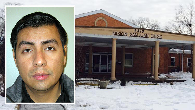 The Rev. Clovis Javier Vilchez-Parra, inset, and Mision San Juan Diego Catholic church in Arlington Heights. (Palatine Police Department; John Keilman, Chicago Tribune)