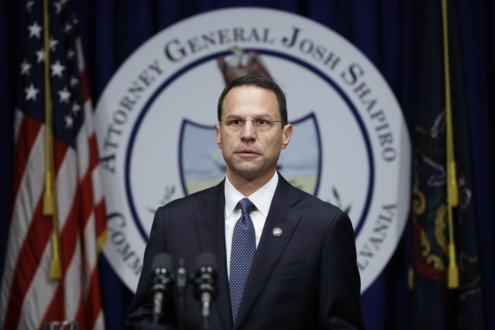 Pennsylvania Attorney General Josh Shapiro, is pictured here speaking at a news conference at the Pennsylvania Capitol in Harrisburg, on Aug. 14, 2018. Shapiro has called the release of the full and unredacted grand jury report into child sexual abuse in six Pennsylvania Roman Catholic dioceses.