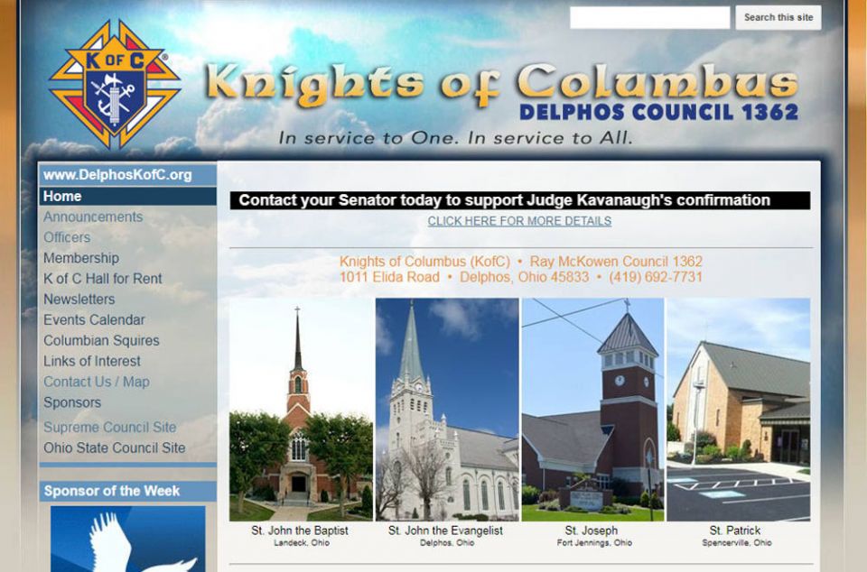 The website for Knights of Columbus Council 1362, in Delphos, Ohio, features a banner ad Sept. 26 urging Knights to contact their senators to support the confirmation of Judge Brett Kavanaugh to the U.S. Supreme Court. (NCR photo)