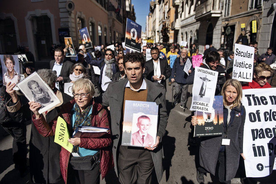 Survivors and activists protest in Rome on Feb. 23, 2019, as Catholic bishops from around the world convened for a historic papal summit on the sex abuse crisis.
