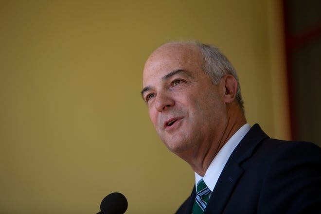 Christopher Ice addresses Ave Maria University students and faculty members, Friday, Nov. 8, 2019, in front of the Bob Thomas Student Union. Ice was named the university's new president and will start the job in January. Jon Austria/Naples Daily News