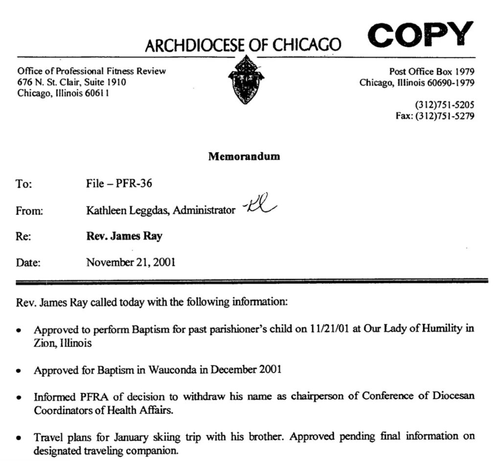 James Ray’s church files show he continued to be given vast latitude to serve as a priest after being accused of sexual abuse. Archdiocese of Chicago.  BA-Chicago-Ray-335