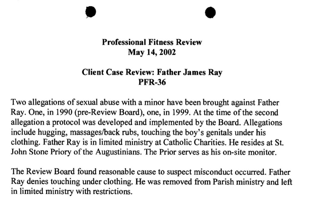 Part of the paperwork in once-secret church files on former priest James Ray. Archdiocese of Chicago [BA-Chicago-Ray-391]