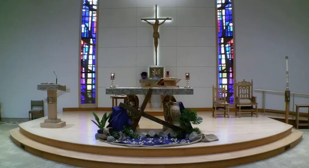 The altar at St. Peter Damian Church in Bartlett. According to an ongoing lawsuit, James Ray was assigned there as a priest and is accused in the civil court case of repeatedly molesting a boy in the 1980s. Video screenshot