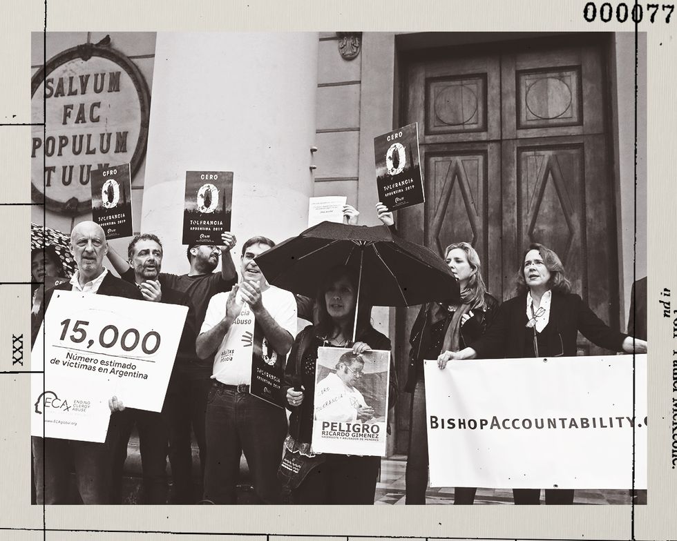 Barrett Doyle (right) standing with Argentinian victims of clergy abuse on the steps of the Metropolitan Cathedral in Buenos Aires.