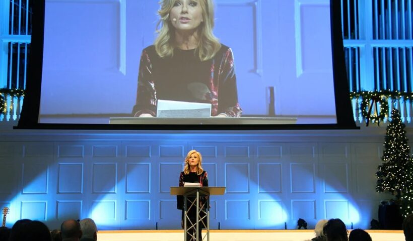 Beth Moore addresses attendees at the summit on sexual abuse and misconduct at Wheaton College on Dec. 13, 2018. RNS photo by Emily McFarlan Miller