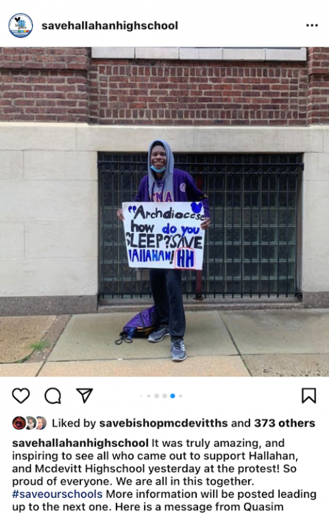 Qasim Smith, a senior at Roman Catholic High School, Hallahan’s brother school, attended the Nov. 20, 2020, walkout and was featured on the @savehallahanhighschool Instagram account. (Screenshot courtesy of Suzanne Edinger)