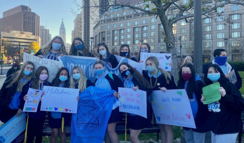 Photo above: John W. Hallahan Catholic Girls' High School students participate in a Nov. 20, 2020, school walkout to protest the archdiocese’s decision to close their high school. (Courtesy of Kim Kimrey)