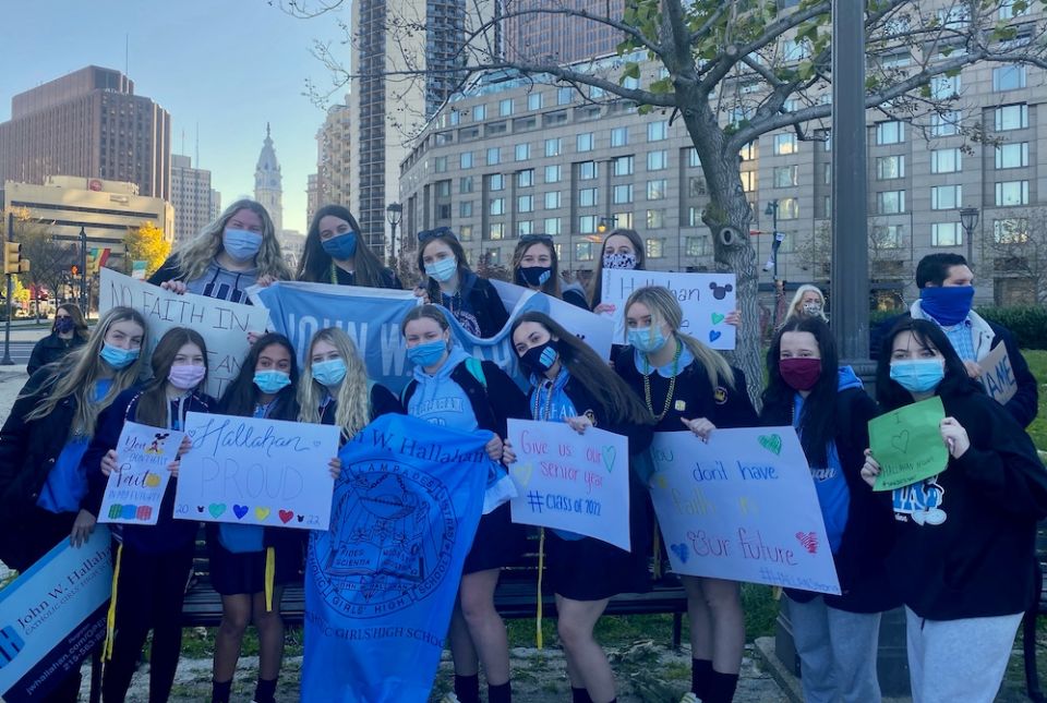 Photo above: John W. Hallahan Catholic Girls' High School students participate in a Nov. 20, 2020, school walkout to protest the archdiocese’s decision to close their high school. (Courtesy of Kim Kimrey)