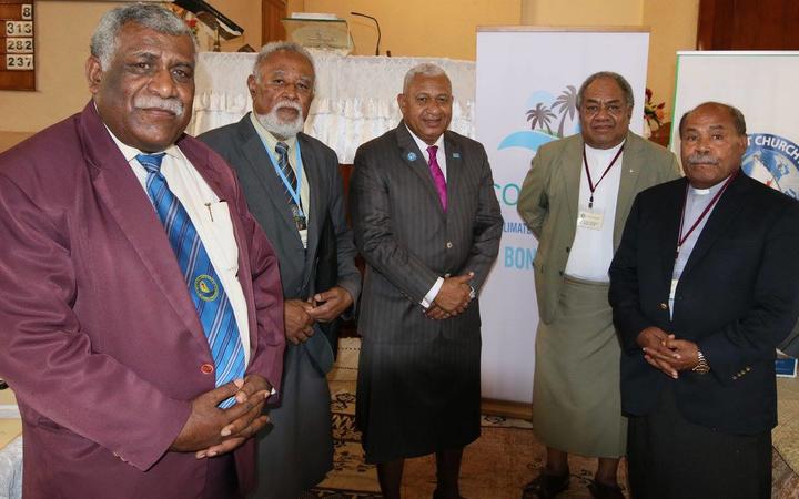 From left, Methodist Church president Reverend Ili Vunisuwai, vice-president Apisalome Tudreu, Prime Minister Frank Bainimarama, and former church presidents Dr Epineri Vakadewavosa and Tevita Banivanua, Photo: Facebook / Fiji govt