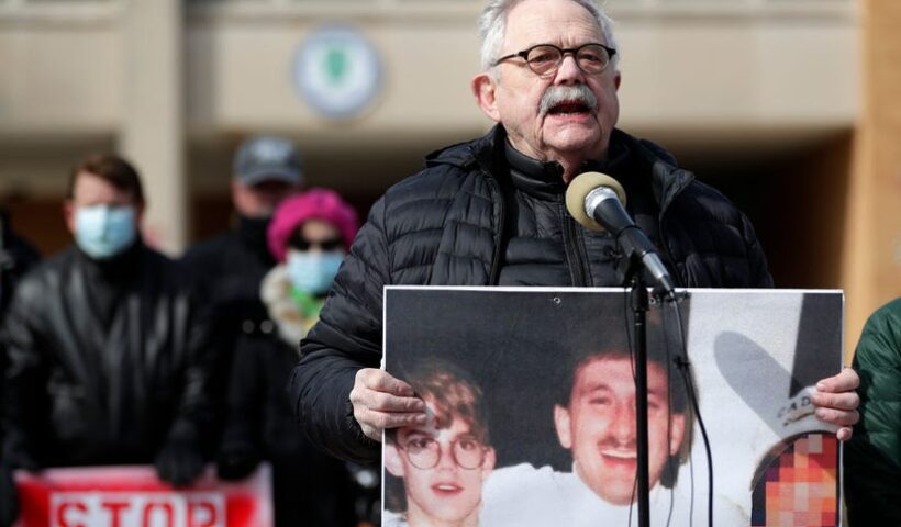 David Linstrom speaks during a memorial rally held for his son, Nate, held outside Green Bay Notre Dame on March 7, 2021, in Green Bay, Wis. Sarah Kloepping/USA TODAY NETWORK-Wisconsin
