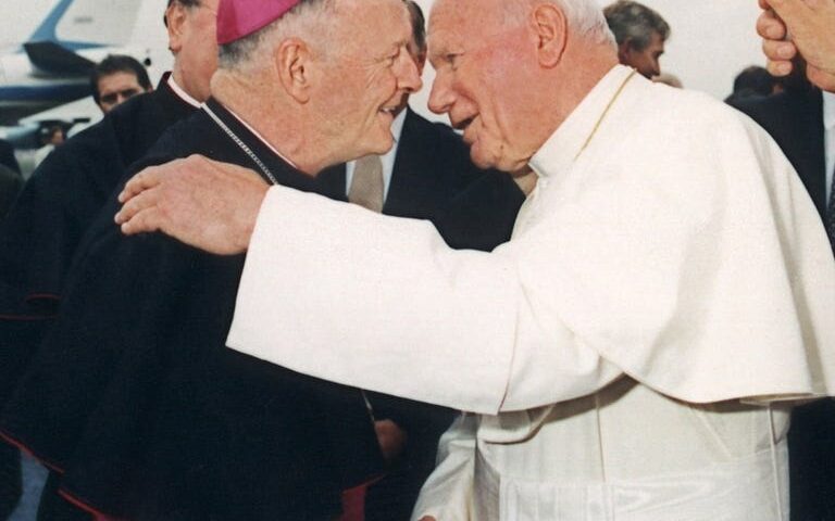 Archbishop of Washington Theodore McCarrick, left, is seen with Pope John Paul II in Newark, in October of 1995. McCarrick was named cardinal by Pope John Paul II during the Sunday Angelus address at the Vatican Jan. 21, 2001. (AP Photo/Arturo Mari)