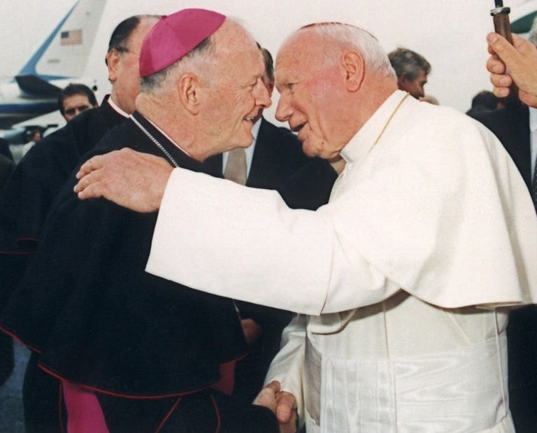 Archbishop of Washington Theodore McCarrick, left, is seen with Pope John Paul II in Newark, in October of 1995. McCarrick was named cardinal by Pope John Paul II during the Sunday Angelus address at the Vatican Jan. 21, 2001. (AP Photo/Arturo Mari)