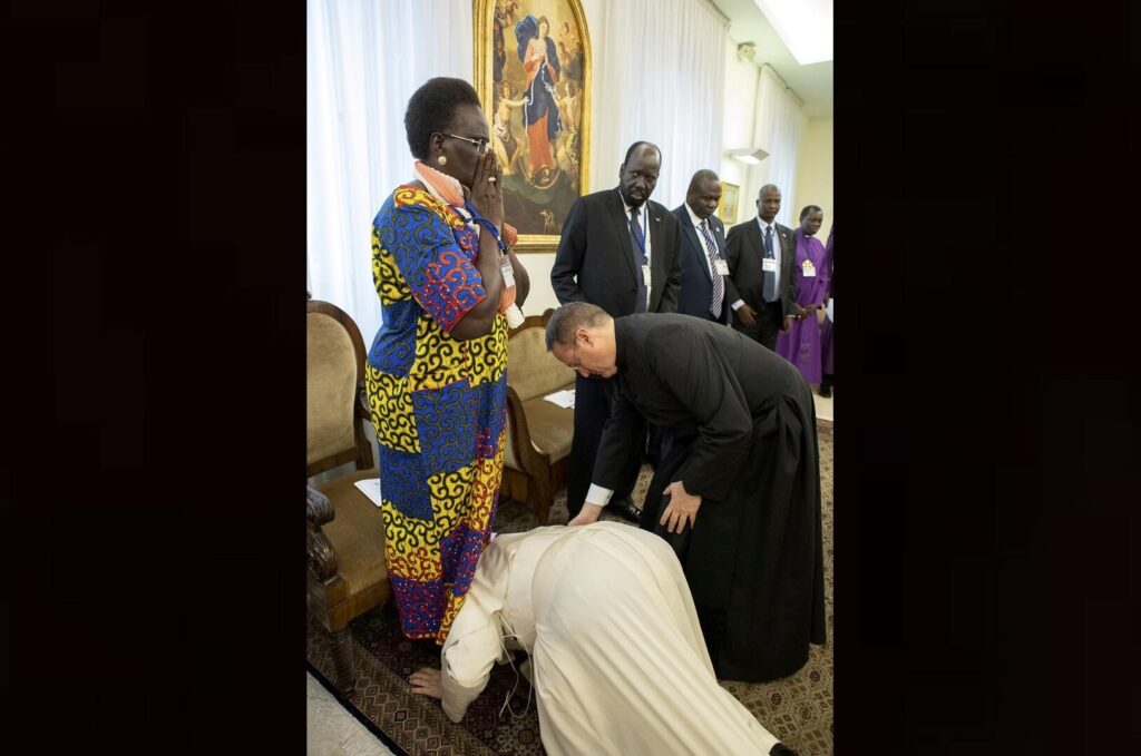 South Sudan Vice President Rebecca Nyandeng De Mabior reacts as Pope Francis kneels to kiss her feet April 11, 2019, at the conclusion of a two-day retreat at the Vatican for the African nation’s political leaders. (CNS photo/Vatican Media via Reuters)