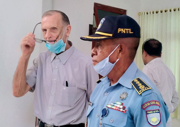 The accused ex-priest and former missionary Richard Daschbach (left) at a courthouse in Oecusse enclave, Timor-Leste, on February 22, 2021. Image: Lusa