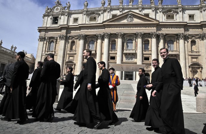 Members of the Legionaries of Christ order walks in St. Peter's Square after meeting Pope Francis at the end of his weekly general audience, at the Vatican, Wednesday, May 8, 2019. (Alessandra Tarantino / AP via Crux)